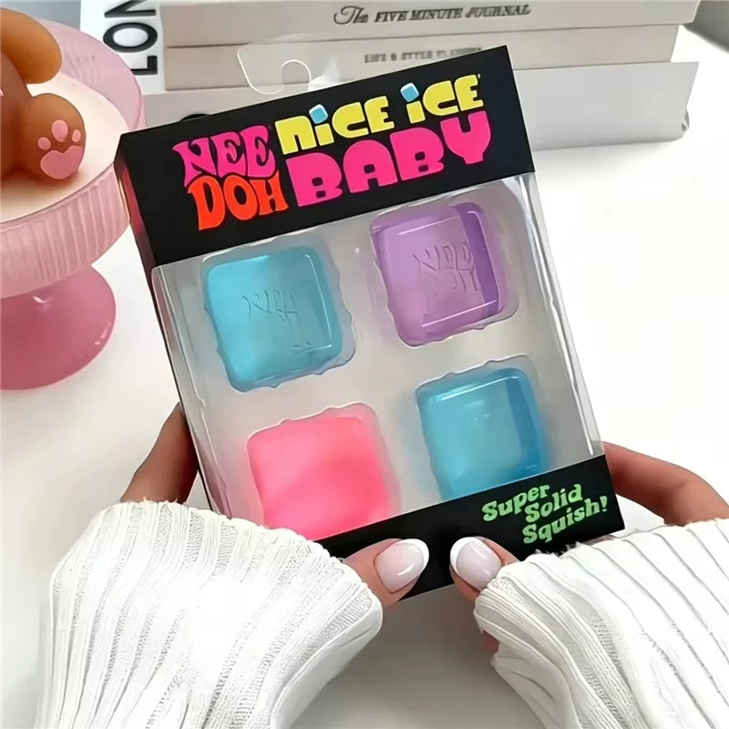 Needoh Teenie Nice Ice Cube Slow Rebound Squishy Toys Mini 4 Pack Set Sensory Toy Anti-Stress Party Favors Gifts For Kids Adults