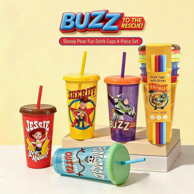 Toy Story 4 Pack Plastic Straw Cup Set Official Cartoon Reusable BPA Free Drinking Cups